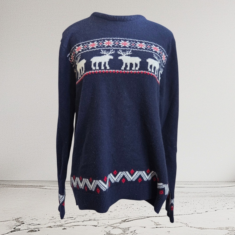 Simons Navy Blue Wool Blend Sweater with Winter Scene Size L